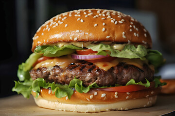 fresh tasty burger on wood table. AI generated