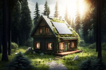 Fototapeta na wymiar House in the forest with solar panels. Generative AI.