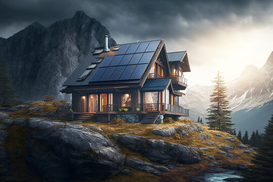 Mountain house with solar panels. Generative AI.