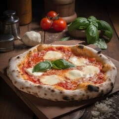 Italienische Pizza Margherita - Traditionelle Neapolitanische Pizza mit Tomaten, Mozzarella und Basilikum 