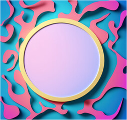 Blank Brochure Round Frame on Bright Blue Background Pink Blue Yellow Violet Doodle and Blank Space for Your Text Illustration - Post-processed Generative AI