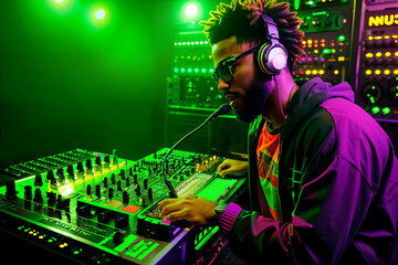 Professional african american DJ in headphones with sound mixer in nightclub. Generative ai.