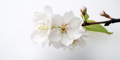 The Epitome of Freshness: Japanese Cherry Blossoms Against a White Backdrop. AI Generated Art. Whitespace, Wallpaper, Background. Beauty Concept. Timeless.