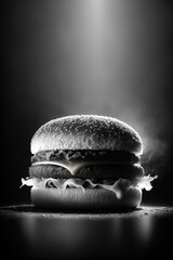 A realistic black and white photo of an hamburger