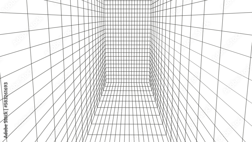 Poster futuristic digital grid box white-black background. wireframe room network abstract technology line 