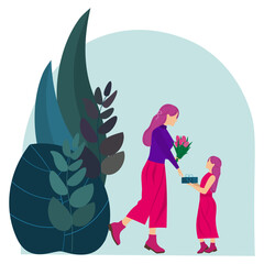 The child gives his mother a gift, flowers. Mother's Day, birthday. Vector illustration.