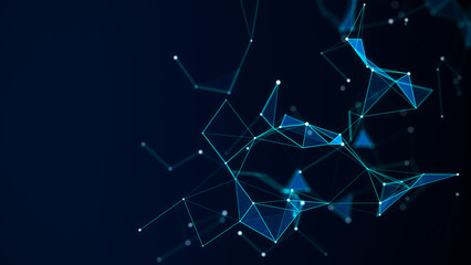 Network connection blue wave. Abstract destorted technology structure backdrop with points and lines. Big data visualization. 3D rendering.