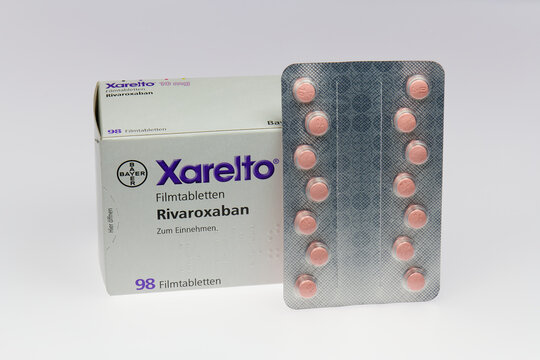 Package of Xarelto tablets. Medicine and prophylaxis with agent Rivaroxaban against thrombosis from Bayer company, Germany. For editorial use only.