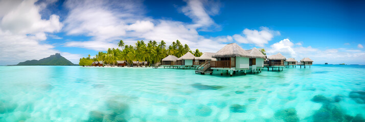 Fototapeta na wymiar Banner image of a tropical beach with bungalows, illustrator ai generative