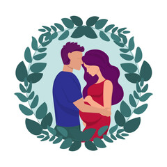 Father and pregnant wife hugging. Vector illustration.