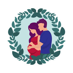 Father and pregnant wife hugging. Vector illustration.