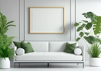 Mockup Wandbilderrahmen. Modernes Wohnzimmer mit einem weißen  Ledersofa und einer großen grünen Pflanze. Legen Sie Ihr eigenes Foto in den Fotorahmen, machen Sie das Bild einzigartig.