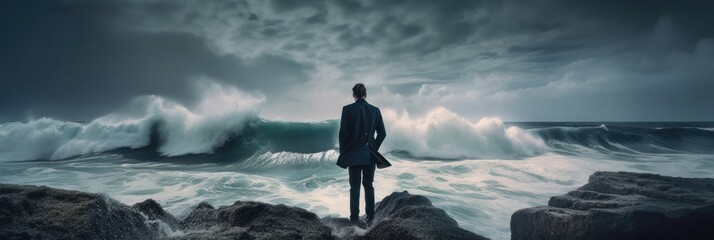 Rear view of businessman standing on rock in the ocean facing oncoming waves, created with Generative AI

