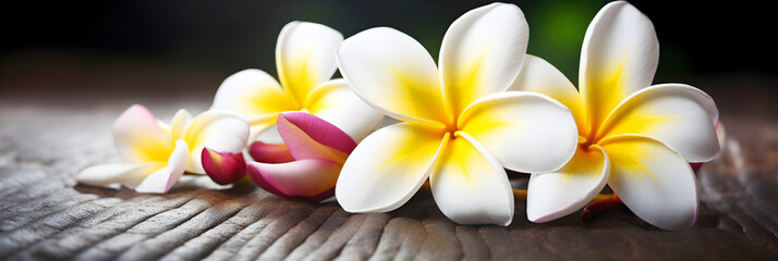 Banner of a frangipani flower on a wooden background, illustrator ai generative