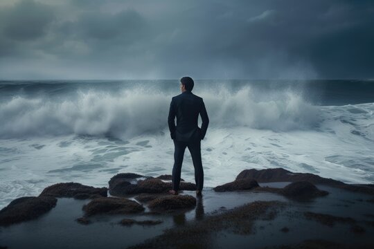 Rear view of businessman standing on rock in the ocean facing oncoming waves, created with Generative AI
