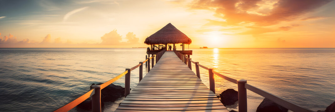 Banner image of a bungalow view from boardwalk at sunset on a tropical sea, illustrator ai generative