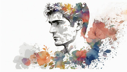 Man Surrounded by Blooming Flowers, isolated on white background - watercolor style illustration background by Generative Ai