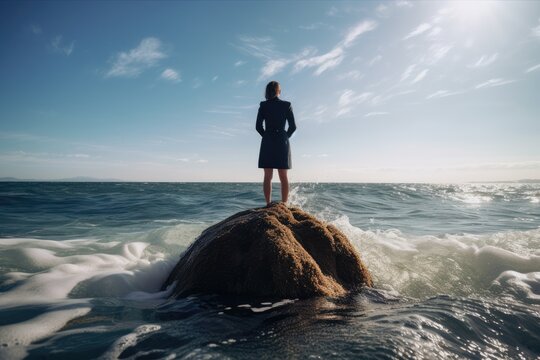 Rear view of businesswoman standing on rock in the ocean facing oncoming waves, created with Generative AI
