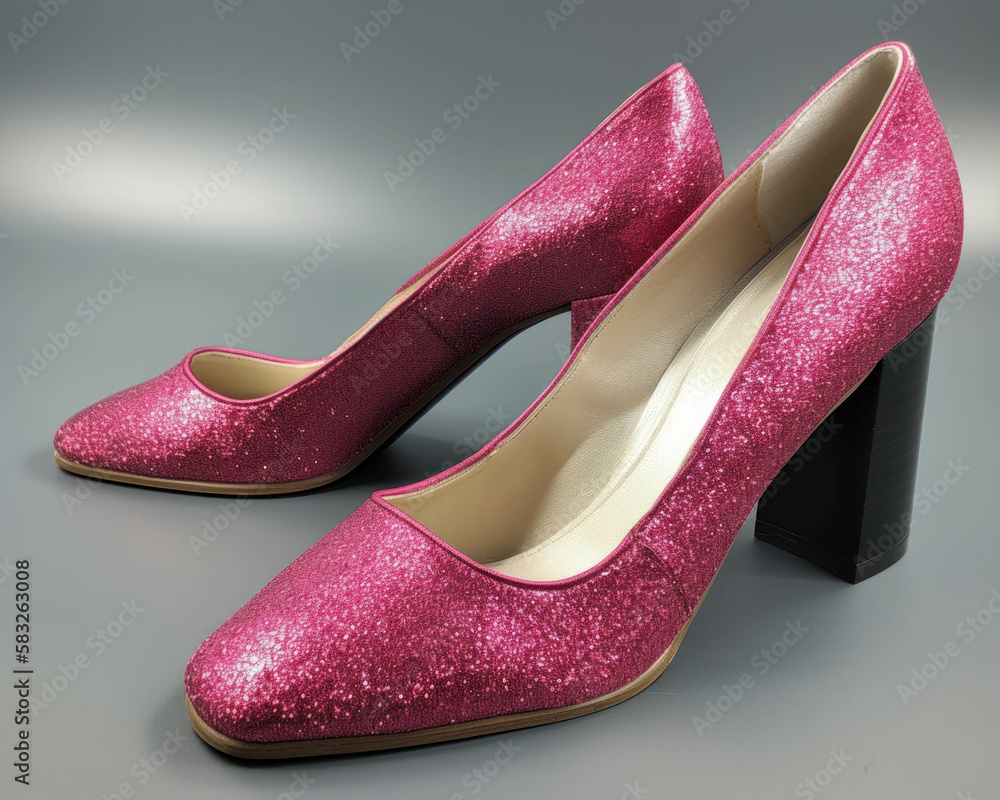 Poster a pair of glittery magentacolored pumps with a low block heel. trendy color of 2023 viva magenta.. a