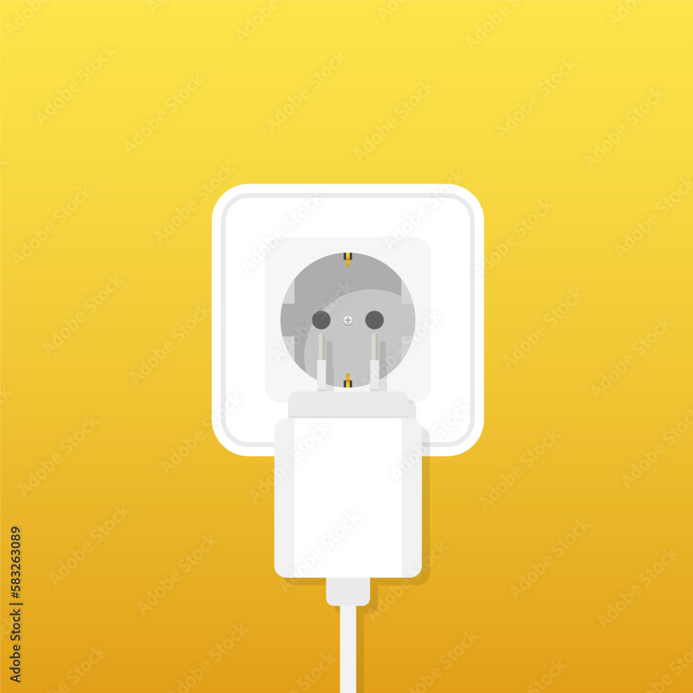 Poster phone charger adapter and socket with plug and shadow on yellow wall. abstract background with elect