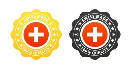Swiss made seal logo. 100 percent premium Switzerland quality badge icon with Swiss flag. Made in Swiss vector stamp. badge with Swiss flag. Original premium quality seal icon. Vector illustration