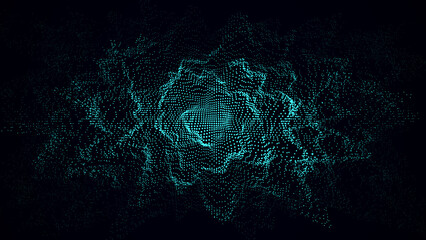 Blue dynamic sphere of dots with noise and explosion effect. Abstract technology wave. Big data visualization. 3D rendering.