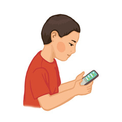 Cute asian boy texting on smartphone. Realistic vector graphics