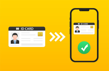 Man digital documents in smartphone. ID card, driver license in a flat design. Id card form online on website, app, using smartphone. Data transfer to a smartphone. Vector illustration