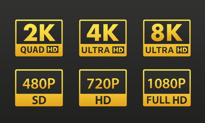 8k Ultra Hd icon, 4k Ultra Hd, 2k quad Hd, Logo 480p SD, 720p HD, 1080p full HD, Resolution icon. Flat design on a black background. Vector illustration