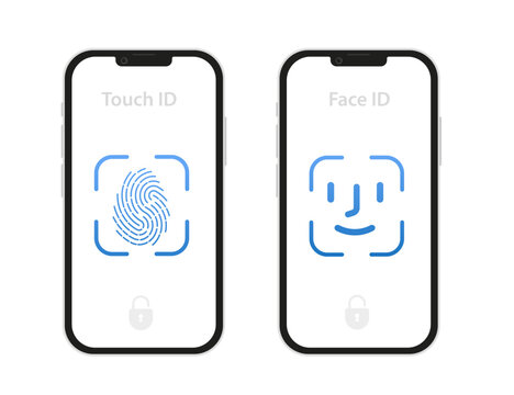 Face scanning process. Facial detection symbols. Face recognition. Biometric verification. Touch id and face id icon on mobile devices. Flat design style. Vector illustration