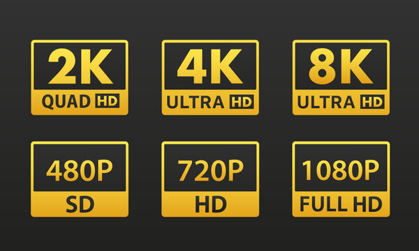 8k Ultra Hd icon, 4k Ultra Hd, 2k quad Hd, Logo 480p SD, 720p HD, 1080p full HD, Resolution icon. Flat design on a black background. Vector illustration