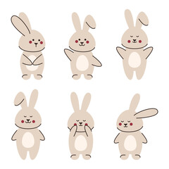 A set of cute grey rabbits. Cartoon animals with different emotions