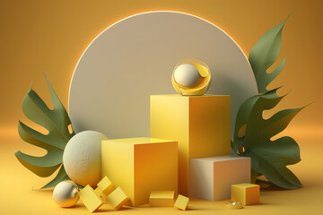 Yellow, gold podium with geometrical figures, green leaves for product placement, ai generated