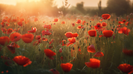 Fototapeta na wymiar Beautiful landscape with red poppies in the golden hour, Generative AI
