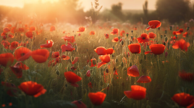 Beautiful landscape with red poppies in the golden hour, Generative AI