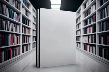 Empty Book Template. Closed book stands in the corridor among the library. Mock Up . AI generated.