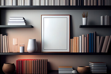 Blank frame on shelf among books in the living room. Template for Design. Mock Up. AI generated.