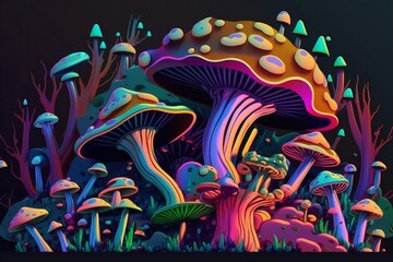 Fototapeta na wymiar psychedelic mushrooms in a patch in a field of black, colorful