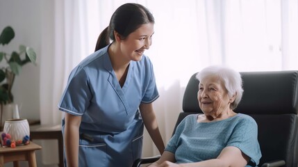 Obraz premium Senior Support System: A Caregiver Helps a Woman at Home. Generative AI.