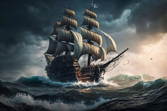 vintage pirate ship on the high seas