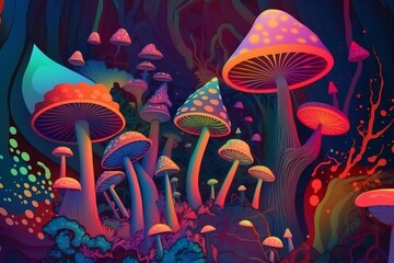 psychedelic mushrooms in a patch in a field of black, colorful