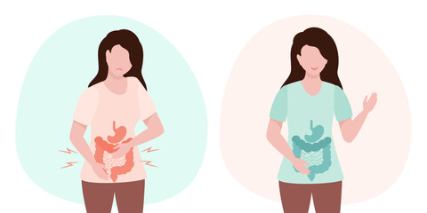 Woman with belly pain and gut healing, how to improve your digestion and maintain healthy guts. Digestive internal organ.Vector illustration. Internal organs design element. - obrazy, fototapety, plakaty