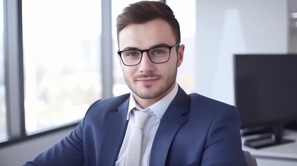 Fototapeta premium Powerful Presence: Successful Businessman in Bright, Modern Workspace. Generative AI.
