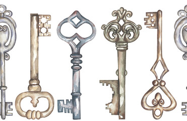 Watercolor retro style seamless border with keys  clipart. vintage keys  repeat pattern