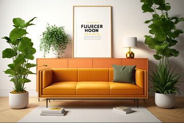 Mockup Wandbilderrahmen. Modernes Wohnzimmer mit einem orangefarbenen Ledersofa und einer großen grünen Pflanze. Legen Sie Ihr eigenes Foto in den Fotorahmen, machen Sie das Bild einzigartig.