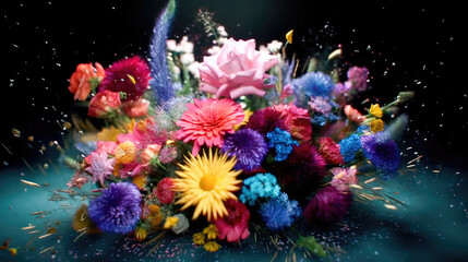Naklejka na ściany i meble Colorful beautiful bright bouquet of flowers on a black background. Generative AI