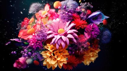 Fototapeta na wymiar Colorful beautiful bright bouquet of flowers on a black background. Generative AI