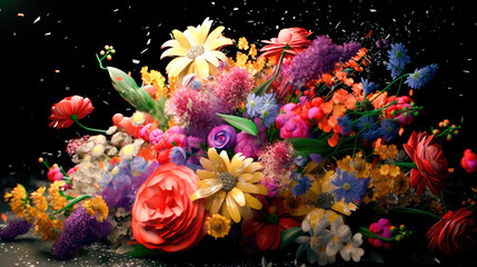 Obraz na płótnie Canvas Colorful beautiful bright bouquet of flowers on a black background. Generative AI
