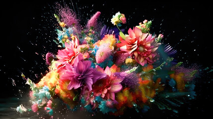 Obraz na płótnie Canvas Colorful beautiful bright bouquet of flowers on a black background. Generative AI