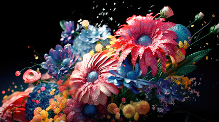 Naklejka na ściany i meble Colorful beautiful bright bouquet of flowers on a black background. Generative AI